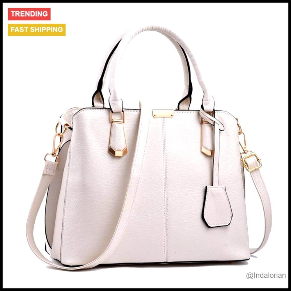 White Faux Leather Satchel Handbag Top Handle Shoulder Bag Elegant Work Tote